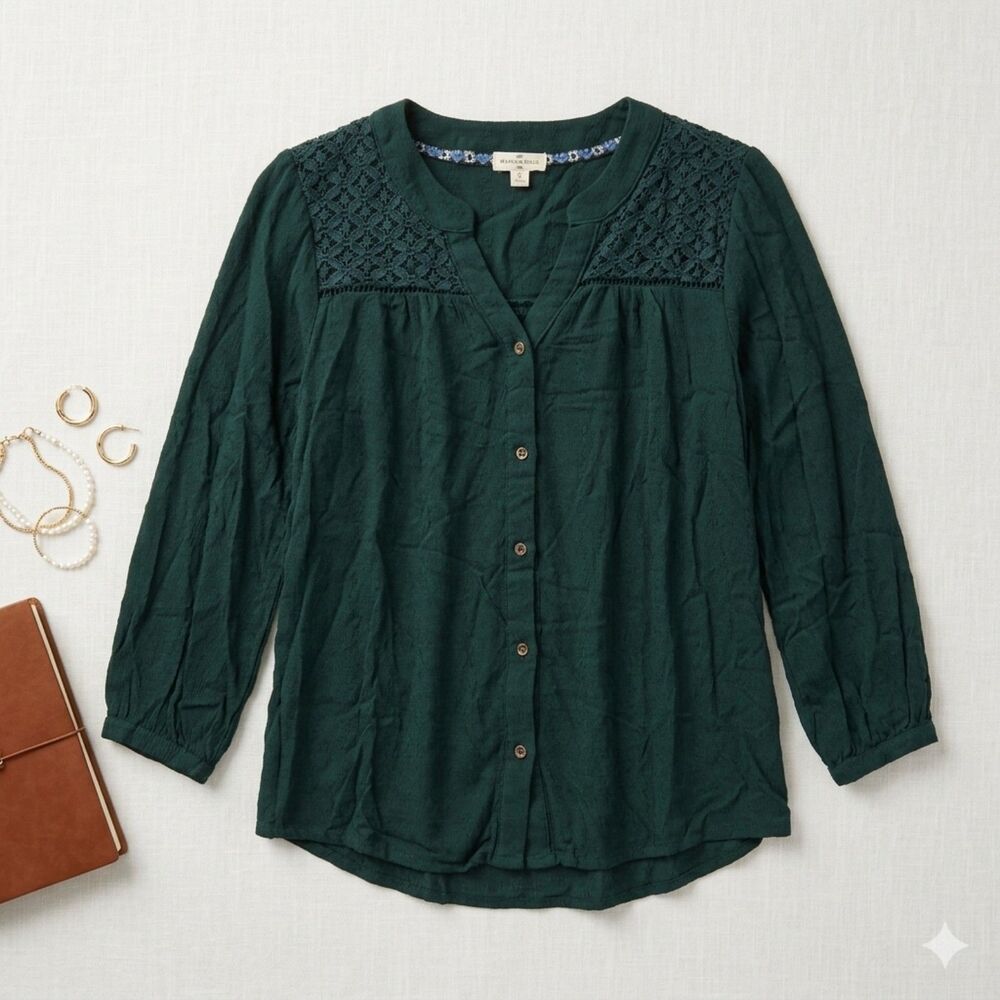 Mason & Belle Stitch Fix Forest Green Lace Yoke Button Front Blouse Small EUC